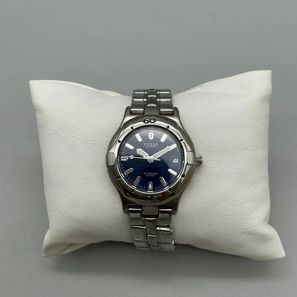 Guess Waterpro Womens Watch 28mm Blue Dial Date Stainless New Battery 6.25